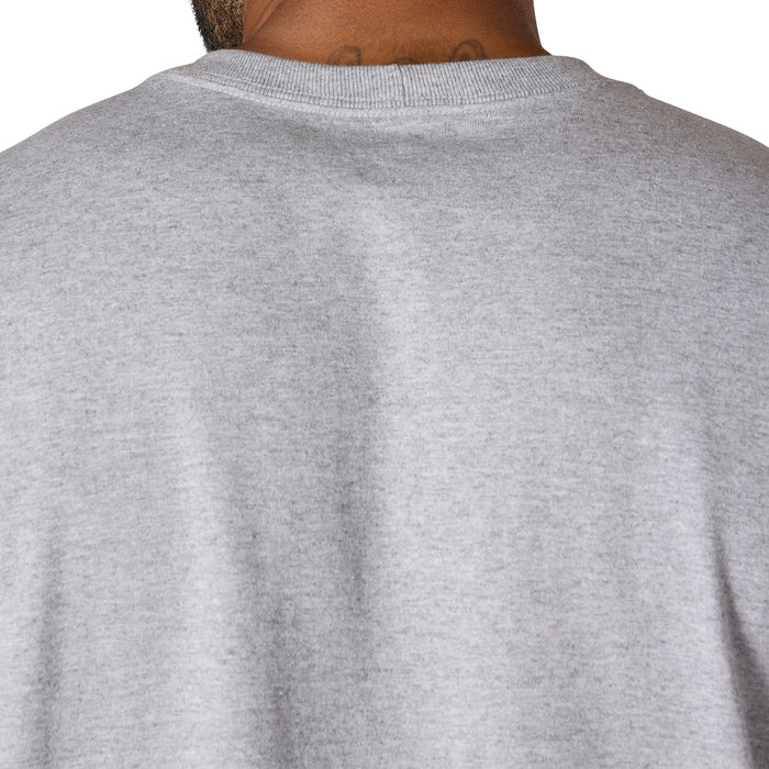 Heather grey crew-neck pocket tee back view, ribbed collar and textured knit.