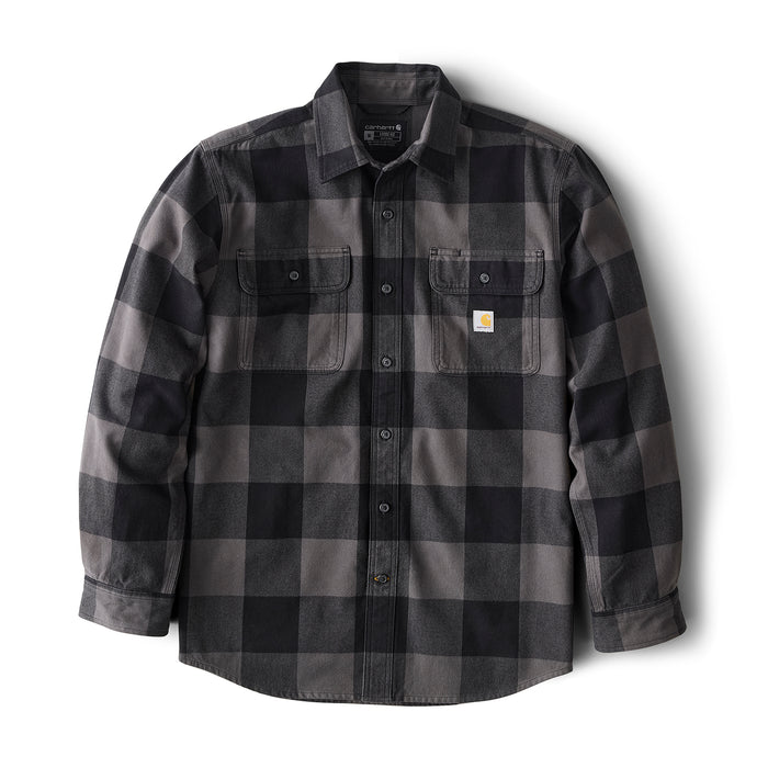 Men's loose plaid flannel shirt, dark gray and charcoal check, button-front, chest pockets