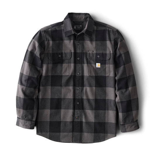 Men's loose plaid flannel shirt, dark gray and charcoal check, button-front, chest pockets
