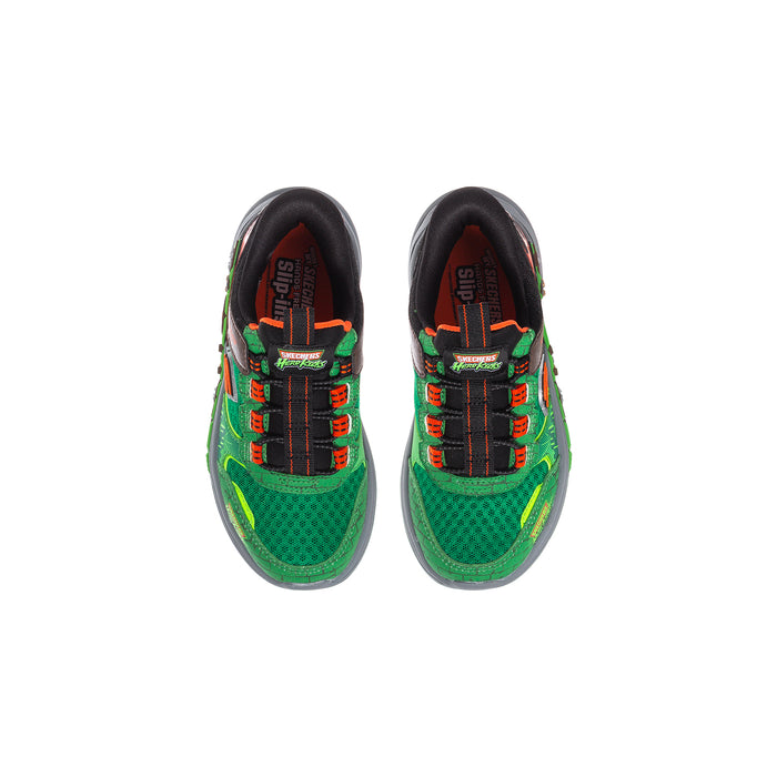 Pair of kids green mesh sneakers with black toe cap and orange lace accents