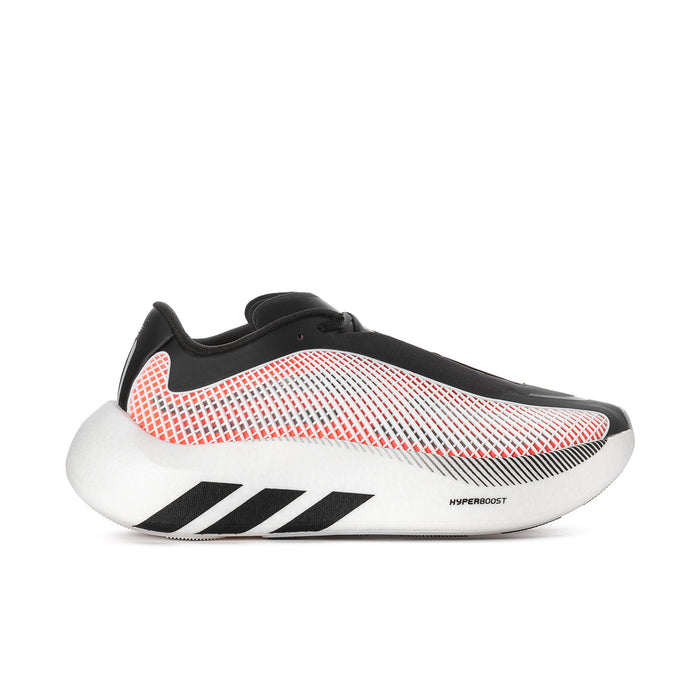 Men's black mesh running sneakers with red grid panels and white cushioned sole