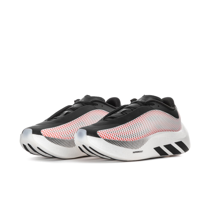 Pair of men's black running sneakers with red mesh side panels and white midsole