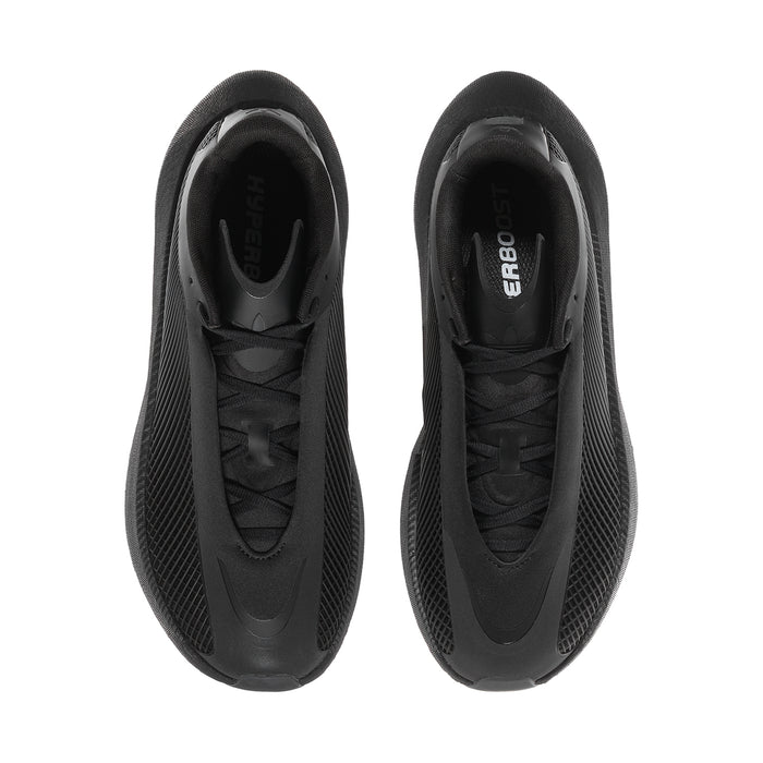 Pair of men's black sneakers viewed from above, lace-up and mesh panel