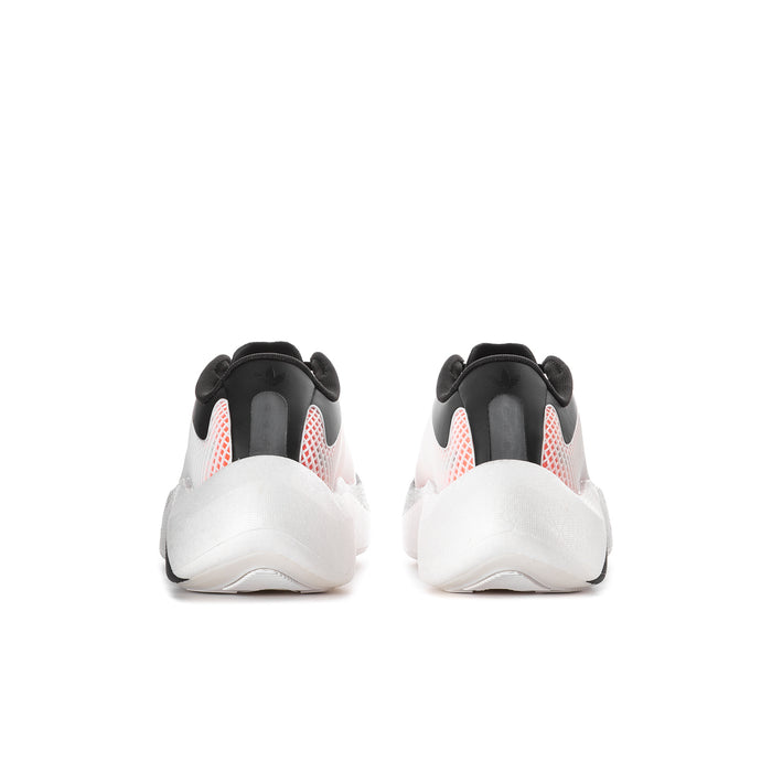 Men's black running sneakers with red side mesh, white heel, and loop pull tabs