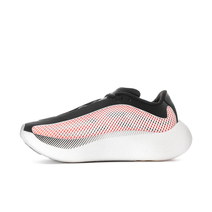 Men's black and red slip-on style sneakers with white sole and mesh upper
