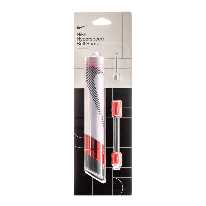 Nike Hyperspeed ball pump with clear cylinder, red handle, and black swoosh design