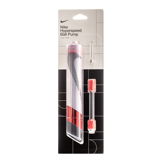 Nike Hyperspeed ball pump with clear cylinder, red handle, and black swoosh design