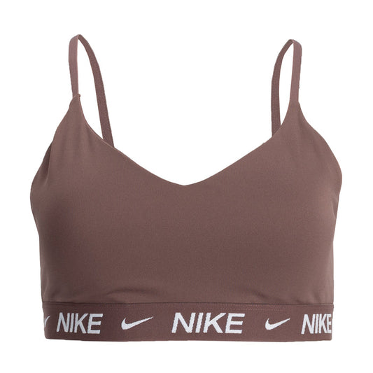 Mauve sports bra with spaghetti straps and Nike logo elastic band