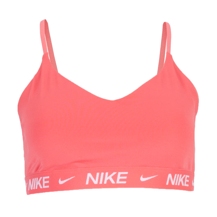 Coral pink Nike sports bra with V-neck and white logo band
