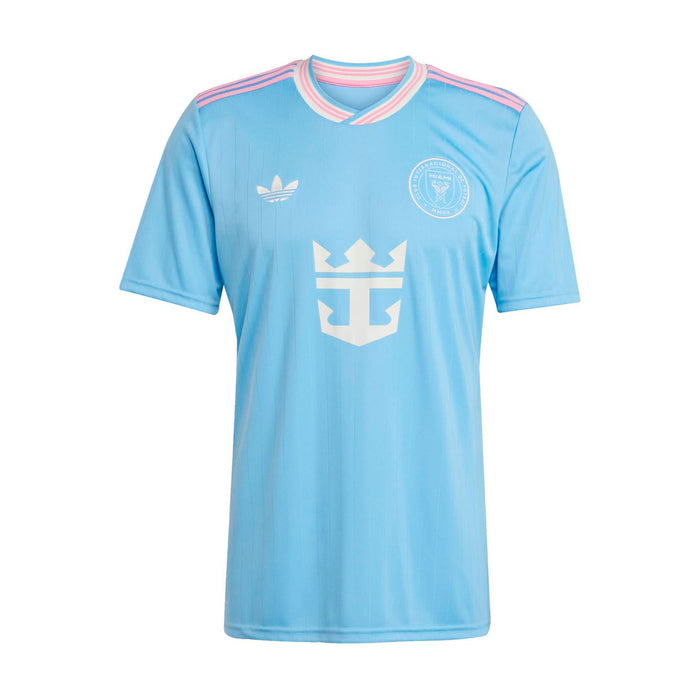Men's light blue soccer jersey with V-neck and pink/white striped collar, front crest
