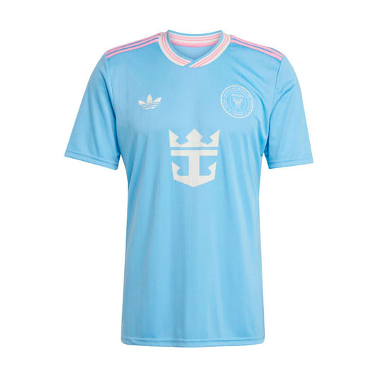 Men's light blue soccer jersey with V-neck and pink/white striped collar, front crest