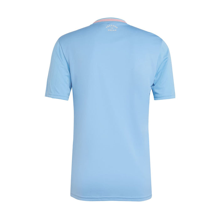 Men's light blue soccer jersey back view with striped collar and small neck logo