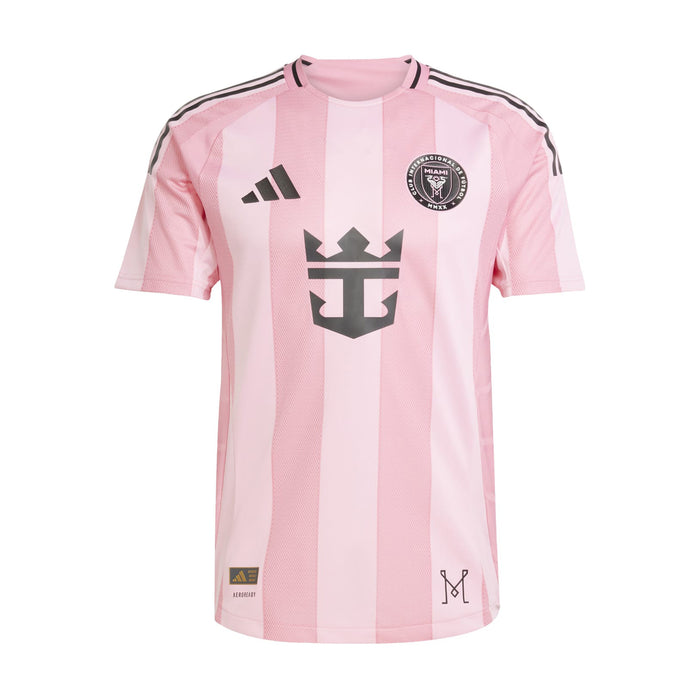 Men's Inter Miami pink soccer jersey with vertical stripes and crest on chest