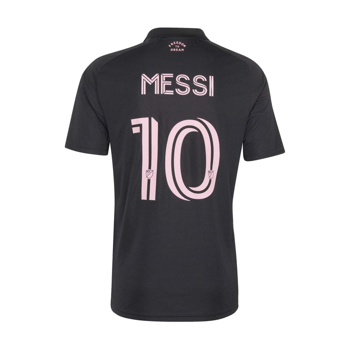 Men's black soccer jersey with pink 'MESSI' and '10' on the back