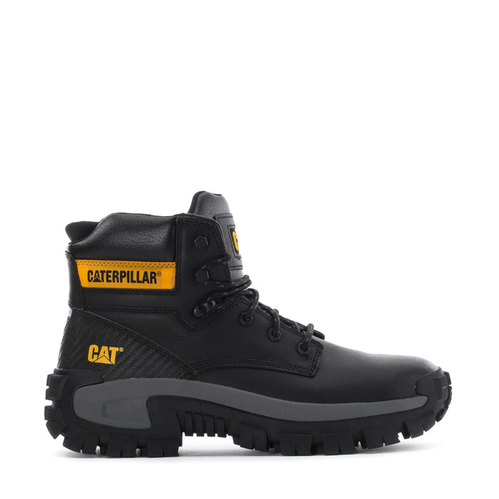 Men's steel-toe work boot, black leather-look with CAT and Caterpillar logos, rugged sole