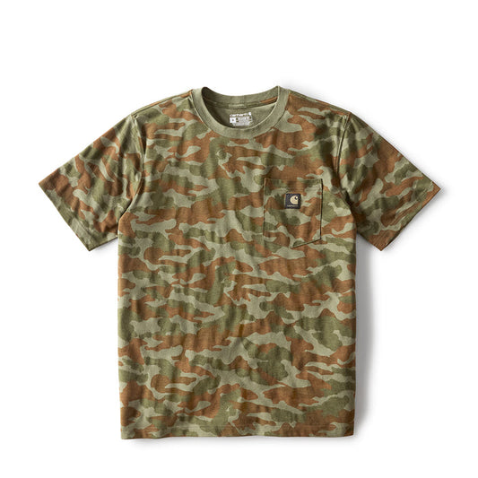 Men's relaxed camo T-shirt with front chest pocket, army green multi-tone print