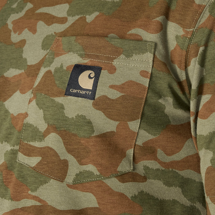 Men's camo T-shirt pocket close-up with stitched logo label on army green camo
