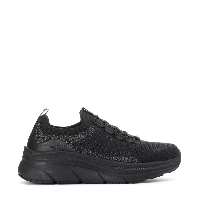 Black women's lace-up knit sneaker with textured upper and chunky rubber sole