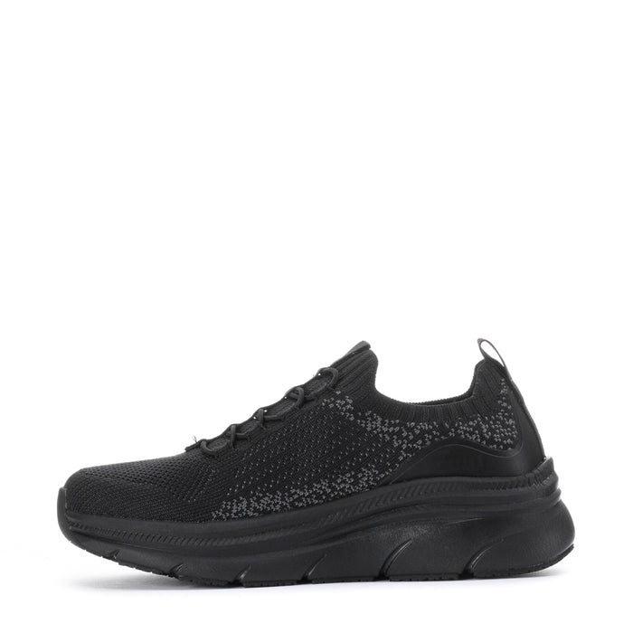 Black women's lace-up knit sneaker, side view with woven-texture upper and thick sole