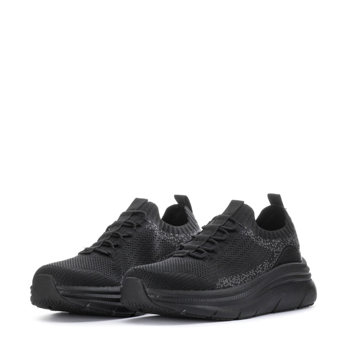 Black women's lace-up knit sneakers with thick tread sole and cushioned heel