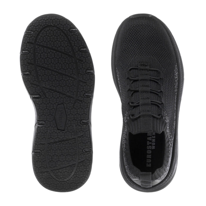 Black sneaker outsoles with tread pattern; rear view of lace-up shoe opening