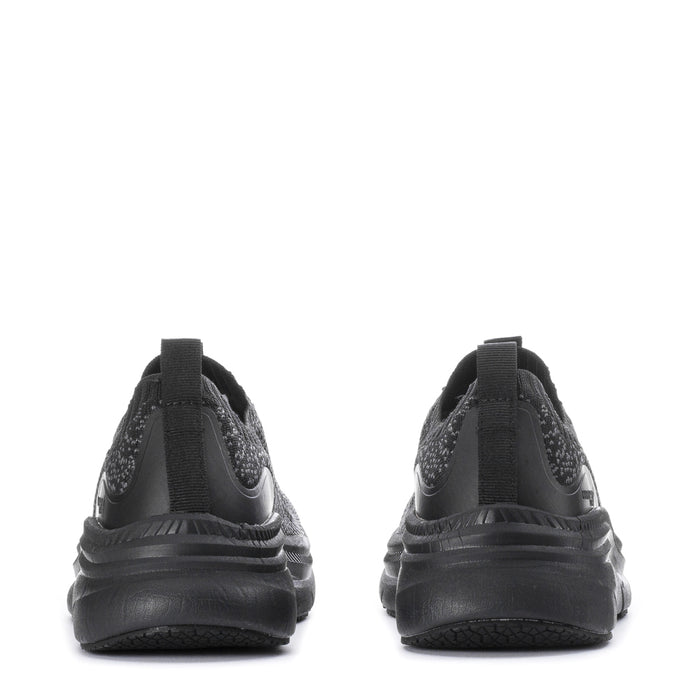 Black women's lace-up knit sneakers with rear cushioning and textured sidewall