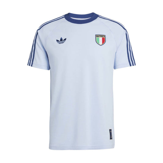 Light blue men’s crewneck T-shirt with Italy crest and adidas-style sleeve stripes