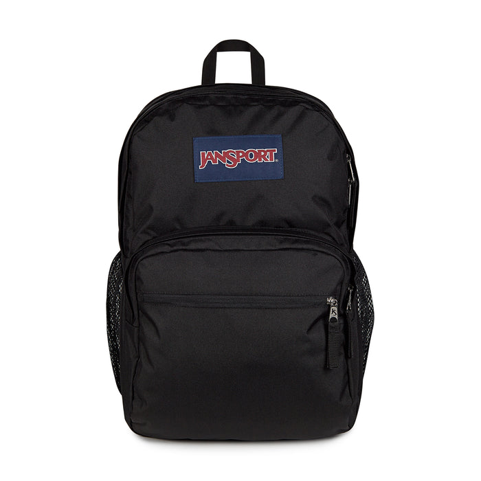 Black Jansport backpack with top handle and front zip pocket