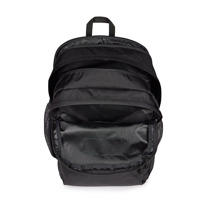 Black Jansport backpack shown from back with mesh side panels and two straps