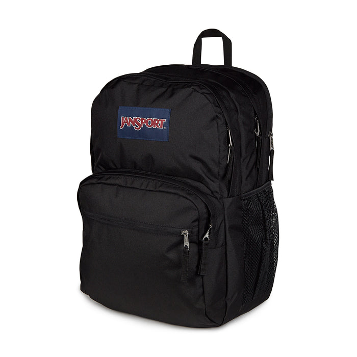 Black Jansport backpack with front zip pocket and mesh side panel