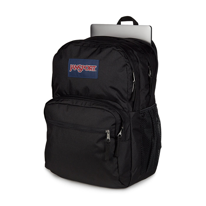 Black Jansport backpack with padded laptop sleeve, top handle, and front zip