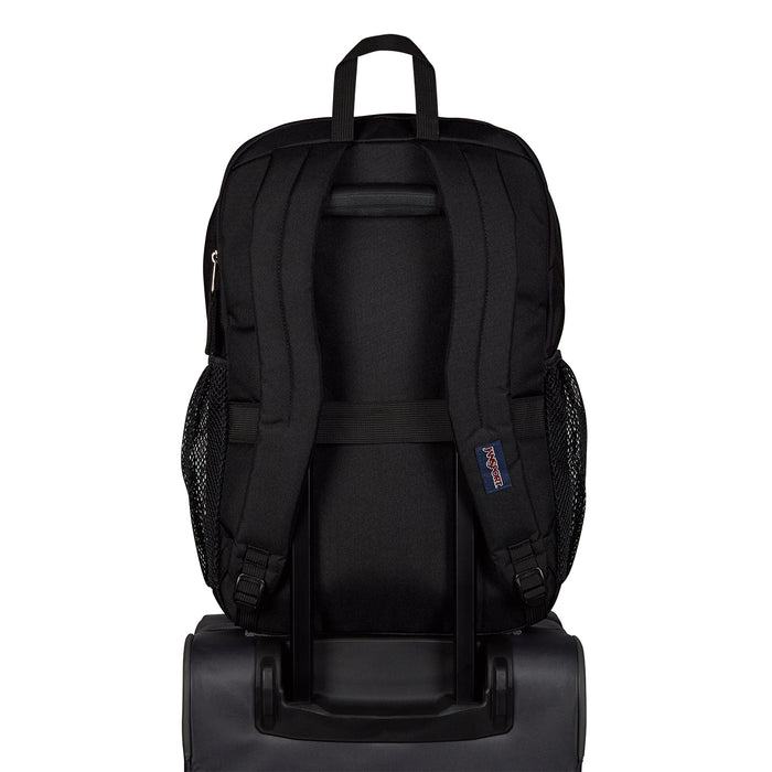 Black Jansport backpack with adjustable shoulder straps and padded back panel