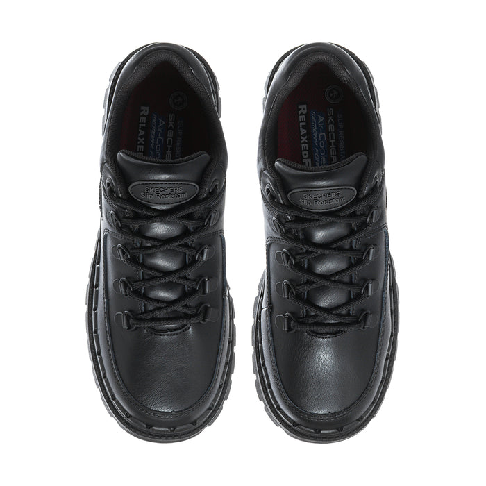 Women's black slip-resistant sneaker, top view showing laces and padded collar