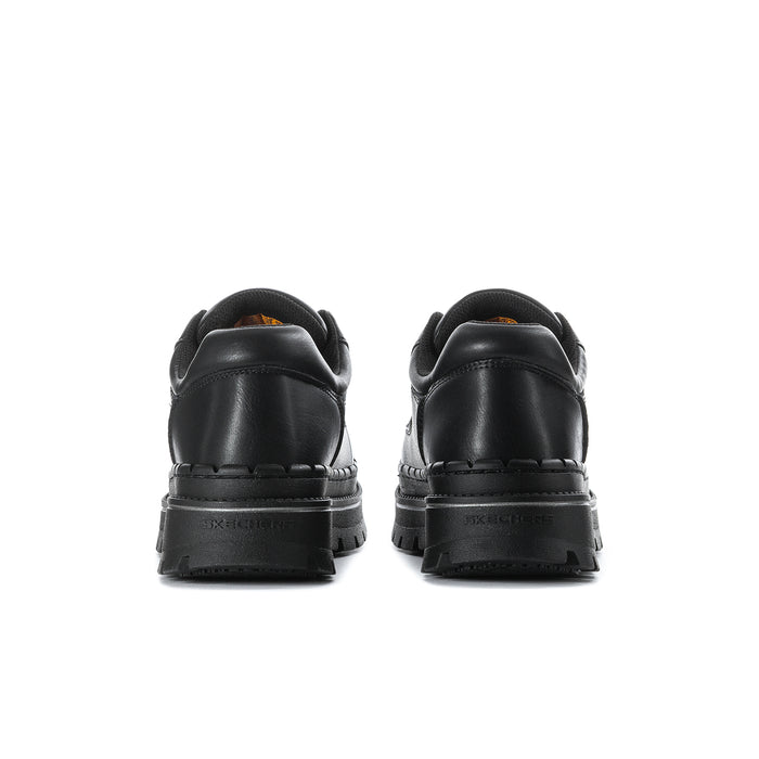 Women's black slip-resistant sneaker, rear view with heel and stitched back