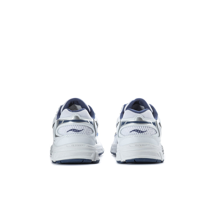 Youth running shoe pair, white and navy, rear view with heel counter