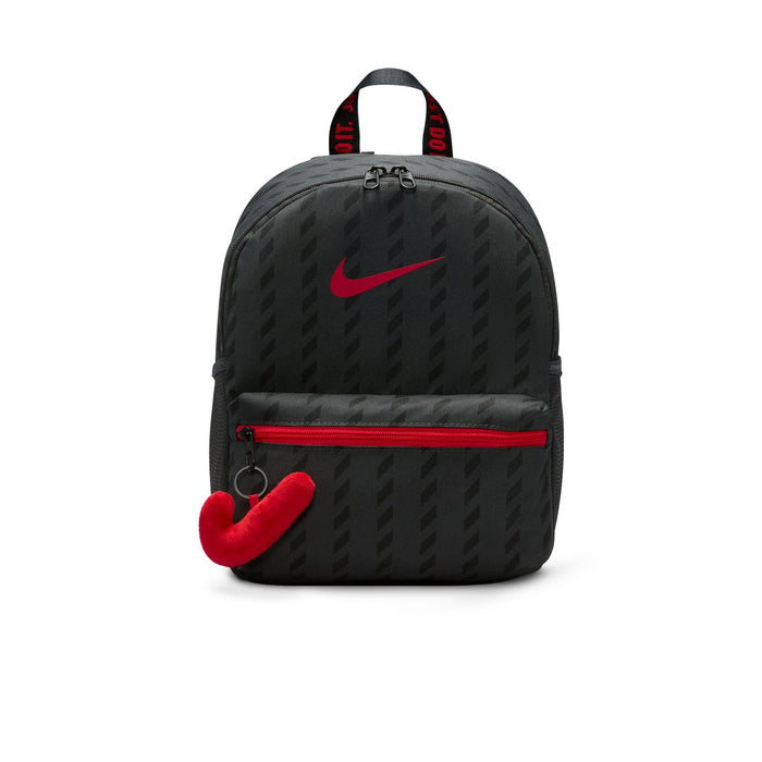 Mini black backpack with red zipper pocket, top handle, and Nike swoosh logo