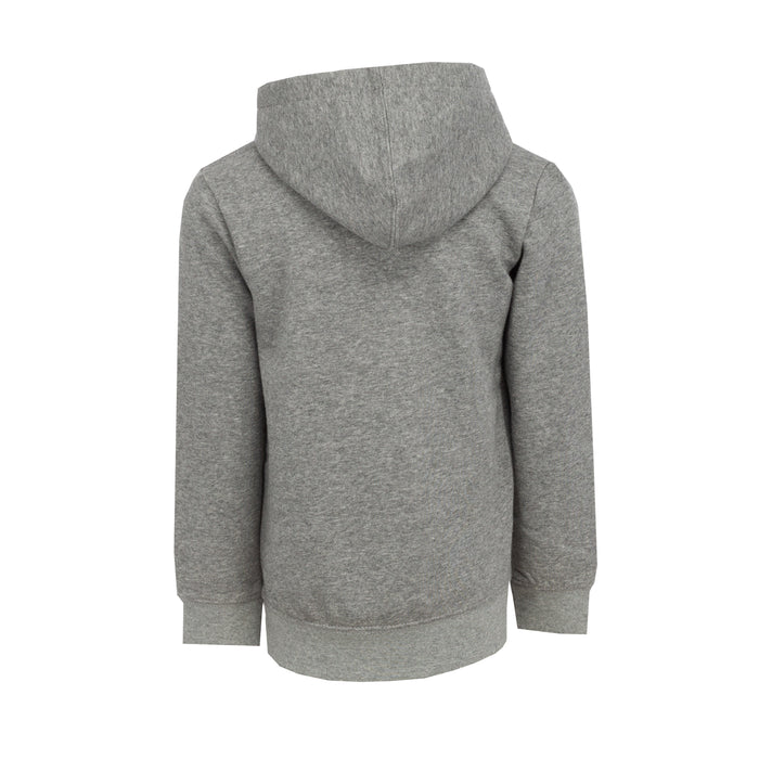 Kids heather gray hooded sweatshirt with pouch pocket and drawstring hood