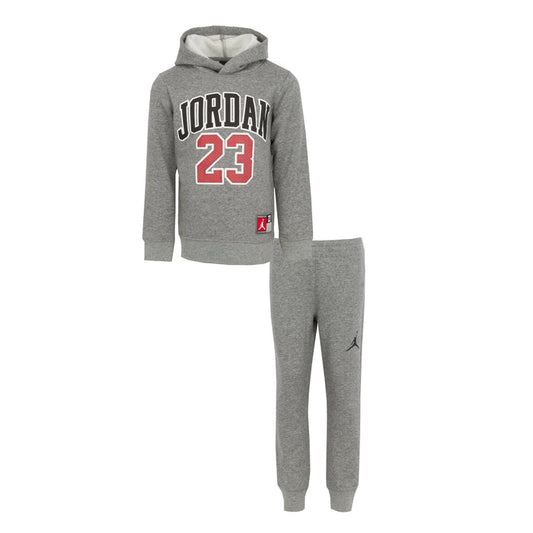Toddler carbon heather hoodie and jogger set, front Jordan 23 graphic, matching pants