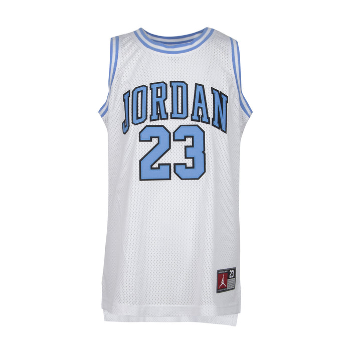 White youth basketball jersey with Jordan 23 front graphic and light blue ribbed neckline
