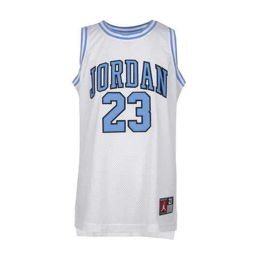 White youth basketball jersey with Jordan 23 front graphic and light blue ribbed neckline