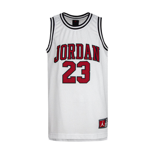 White youth basketball jersey with red and black 'JORDAN 23' front graphic