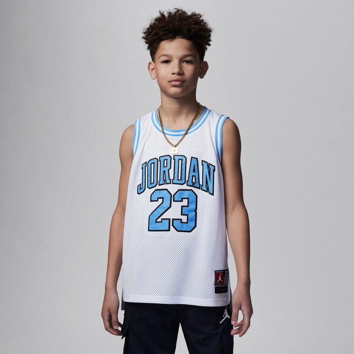 White youth basketball jersey with Jordan 23 front print and small side logo tag