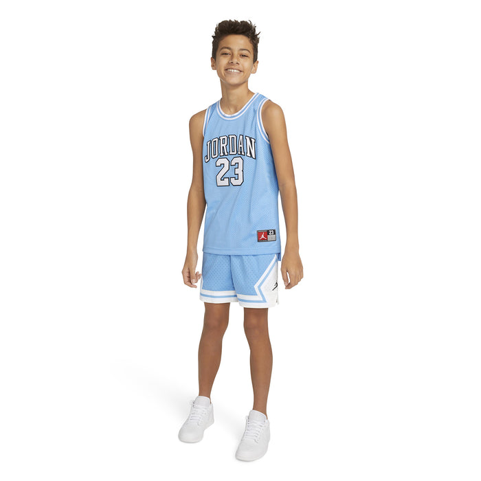 Youth light blue basketball jersey with Jordan 23 front graphic and side logo