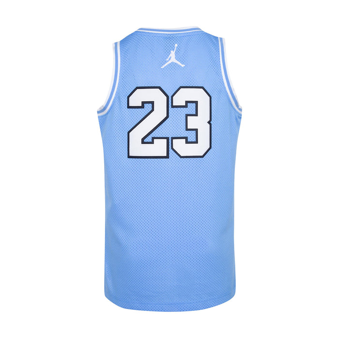 Youth light blue basketball jersey back view with number 23 and Jordan logo