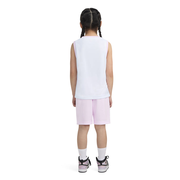 Kids back view: white sleeveless jersey and light pink shorts