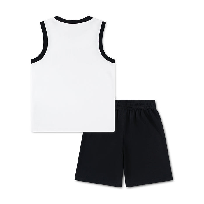 Kids basketball set flat lay: white jersey and black shorts, no front graphic visible.