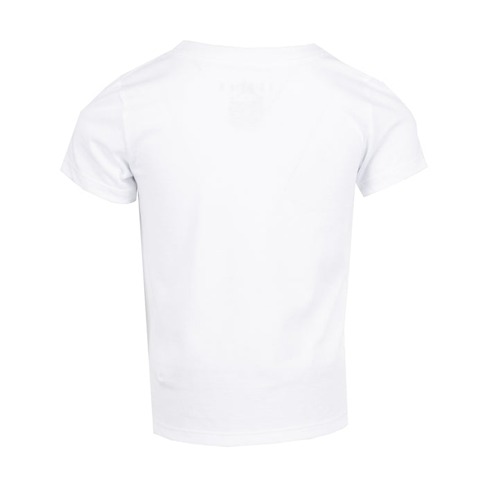 Toddler white T-shirt, back view with small Jordan logo at collar