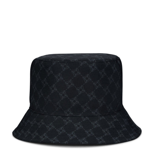 Black bucket hat with dark grey allover geometric animal-print pattern