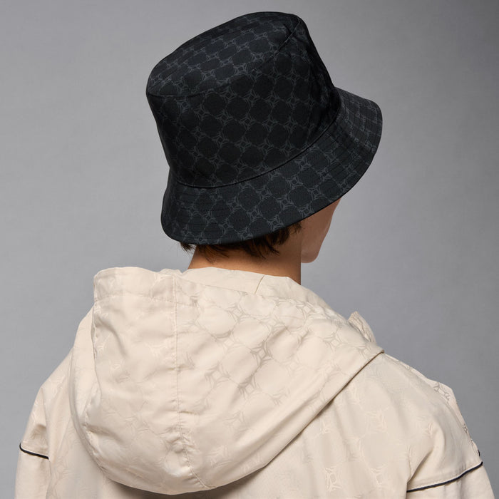 Black bucket hat viewed from back with dark grey allover pattern