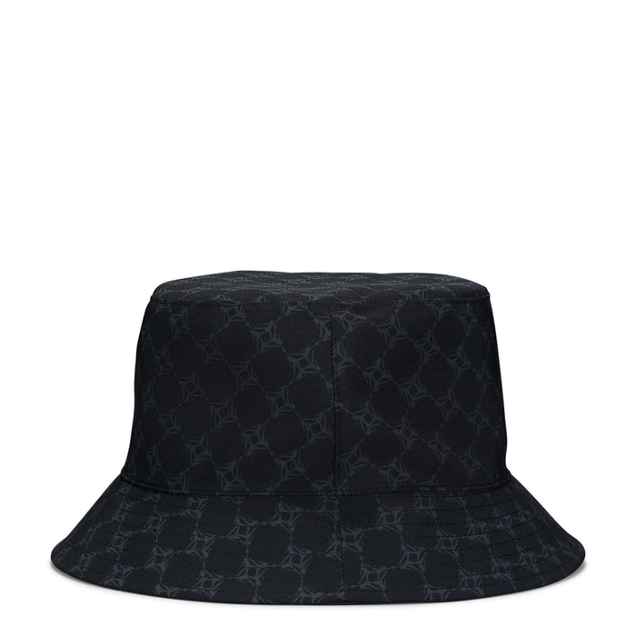 Black bucket hat with dark grey allover pattern and wide curved brim